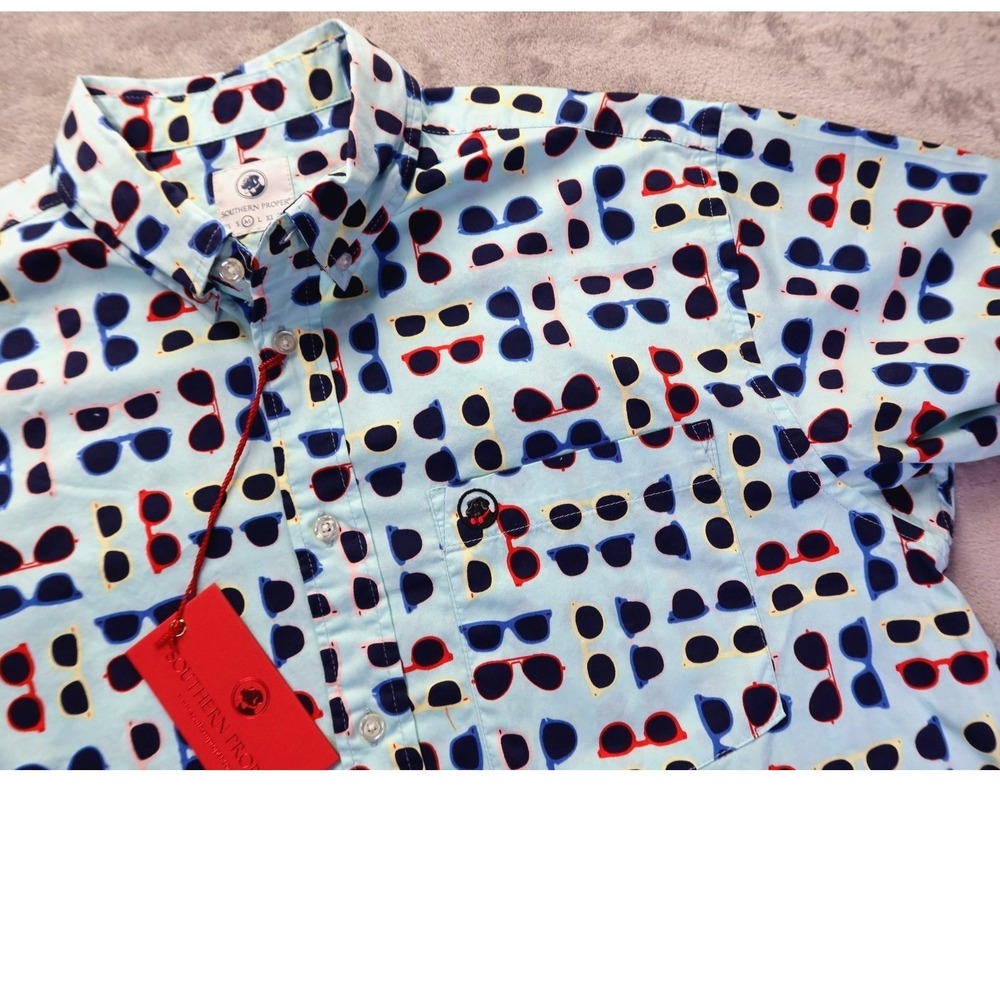 Southern Proper Mens Sunglasses Print Short Sleeve Button Down Shirt Blue Size M
